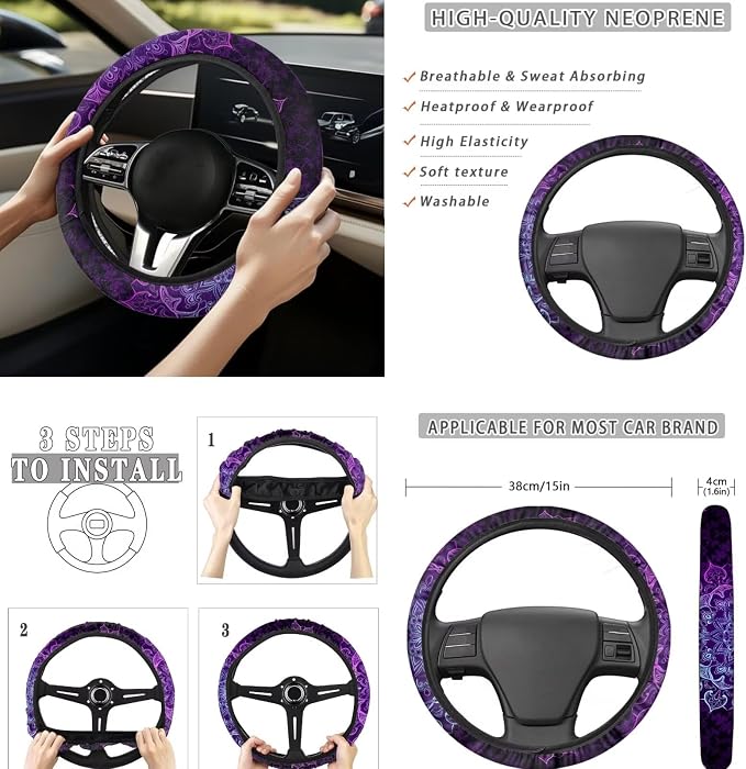 8 Pcs Purple Mandala Floral Car Seat Covers Full Set Car Accessories for Women Front Seat Cover Steering Wheel Armrest Cover Seat Belt Cover for Auto SUV Interior Decoration