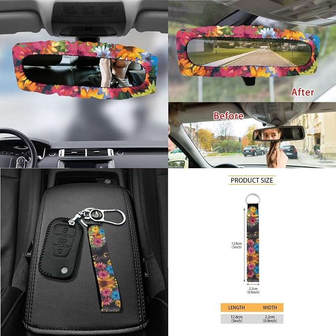Flower Cat Print Automotive Seat Covers & Accessories Full Set, 15Pcs Car Interior Cover Set High Back Seat Covers Steering Wheel Cover Safety Belt Pads for Vehicle Truck Sedan