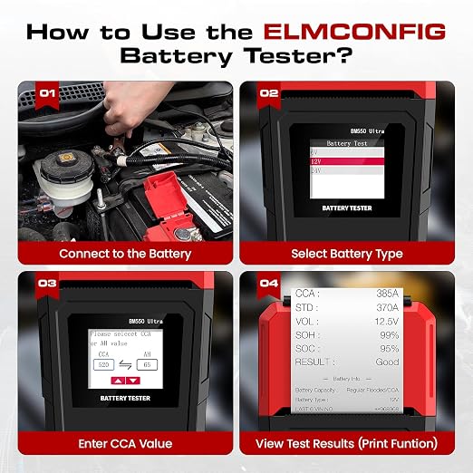ELMCONFIG Car Battery Tester with Printer, 6V 12V 24V 100-2000CCA Battery Load Tester for Lead-Acid & Lithium ion Batteries, Automotive Digital Battery Analyzer for Car, Truck, Motorcycle, ATV, Boat