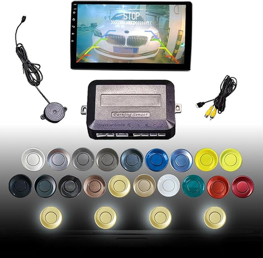 LCD Parking Sensor Kit - Displays Data on Original Screen, Easy Rear Installation, Compatible with All Camera Formats (AHD, CVBS), 18 Probe Colors to Match Any Vehicle（Gold）