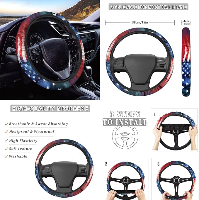 Wanyint Car Seat Cover Set 12 PCS, with Steering Wheel Cover Seat Belt Armrest Handbrake Gear Shift Knob Cover Set Coasters Auto Accessories, Watercolor American Flag Forest