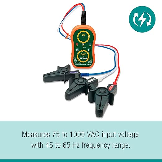 Extech PRT200 Non-Contact Phase Sequence Tester | Phase rotation (CW/CCW) and live-phase LEDs, 75-1000V AC, 45-65Hz, insulated alligator clips, magnetic back