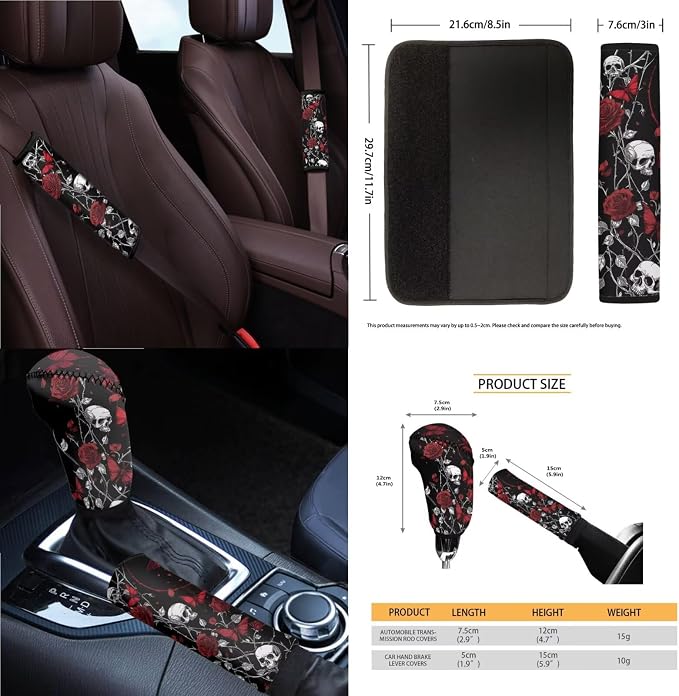 Car Accessories Seat Covers Full Set of 14 Skull Rose Butterfly Print Car Front and Rear Seat Covers with Steering Wheel Cover Center Console Pad Safety Belt Pads Cup Coasters