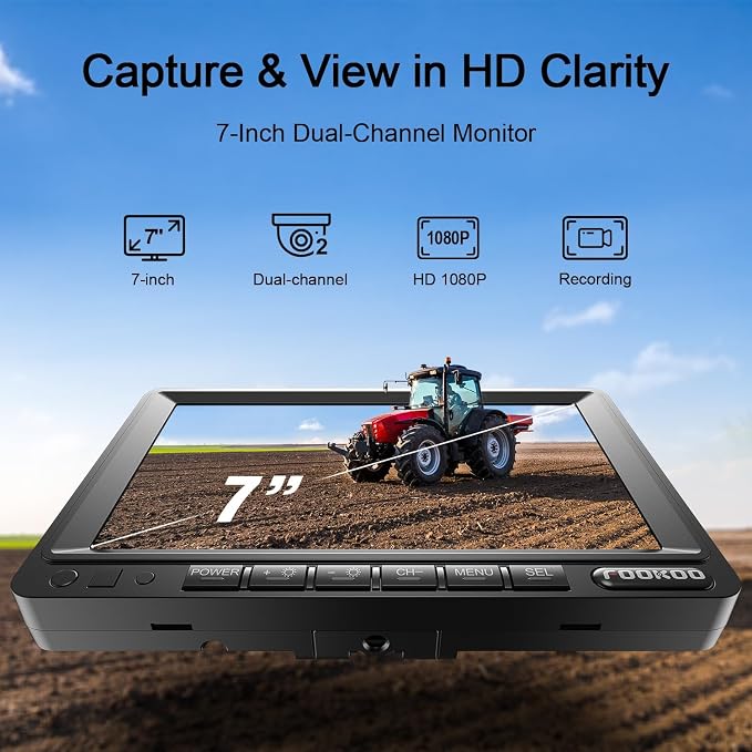 Fookoo 7" AHD 1080P Wired Backup Camera System Vibration-Proof for Tractor | Dual Split Screen Loop Recording IP69 Waterproof IR Night Vision Parking Lines for Excavator/Harvester/Agricultural Equipment
