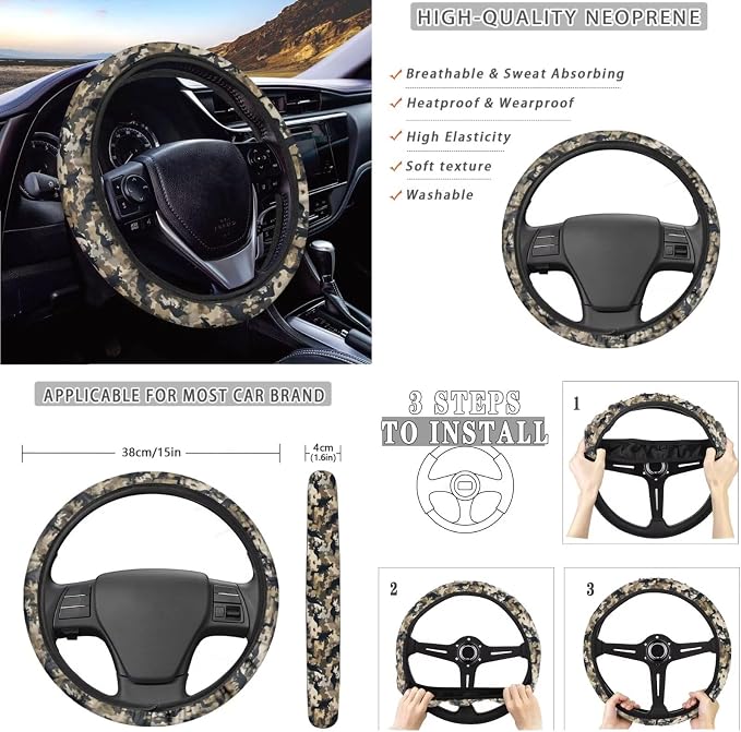 Dinosaur Camo Print 10 Pcs Car Seat Covers Full Sets Scratch-Resistant Car Seat Protector + Steering Wheel Cover + Auto Air Vent Storage Bag + Trash Can + Coaster + Keychain