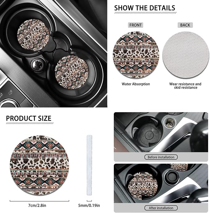 Wanyint Car Seat Covers Set 12 Pieces for Women, Soft Auto Seat Protector Steering Wheel Seat Belt Armrest Pad Handbrake Gear Shift Cover Coasters Car Interior Decor, Aztec Navajo Cow Print