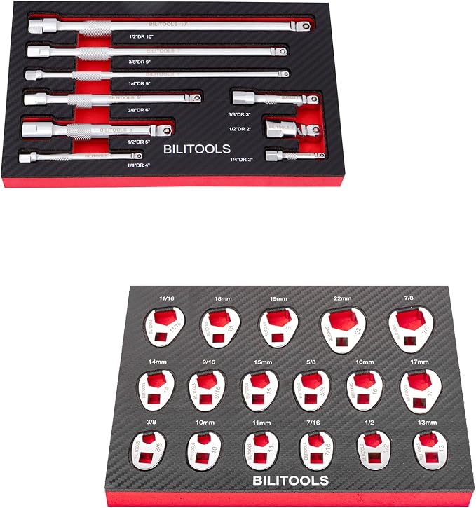 BILITOOLS Wobble Extension Set& Crows Foot Wrench Set, 3/8" Drive Crowfoot Flare Nut Cr-V Metric 10-22mm & SAE 3/8"-7/8" | 17 Piece