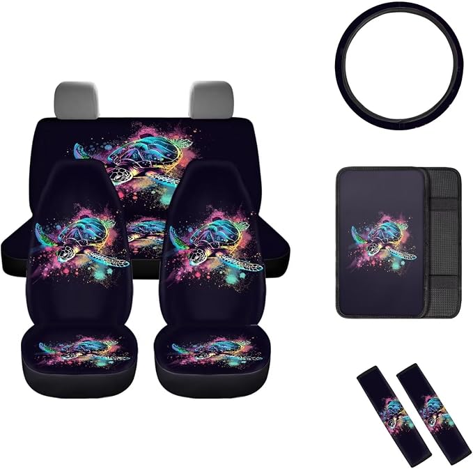 Mumeson Sea Turtle Car Front and Rear Bench Covers Set with Rubber Steering Wheel Cover + Armrest Cushion for Cars + Seat Belt Shoulder Pads Full Set of 8 Pieces Auto Decor