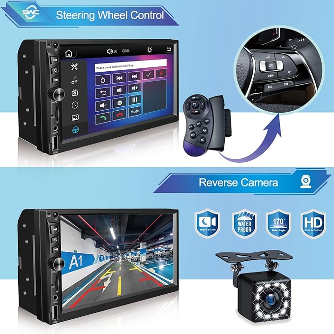 Wireless Double Din Car Stereo Works with Apple Carplay,7 Inch HD 1024 * 600 Touchscreen with Bluetooth 5.1,FM Car Radio,GPS Navigation,Backup Camera,Android Auto,Voice Control,USB/AUX/TF/SWC