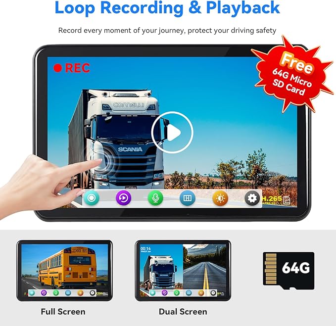RV Backup Camera System - Dual 1080P HD Cameras with 7 inch Touchscreen Display, Wired Kit for Trucks, Trailers, and RVs, Includes 64GB Memory Card
