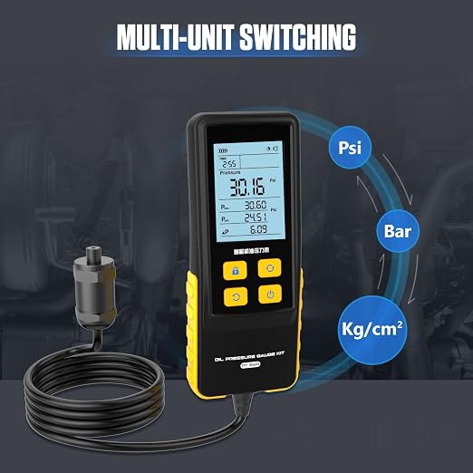 Oil Pressure Tester Kit, Intelligent Digital Backlit Display Screen with 17 Connectors, Test Hose 0-426PSI Automotive Engine Oil Pressure Gauge Tester Tool, 3 Units Switching, Data Holdinc & Zeroing