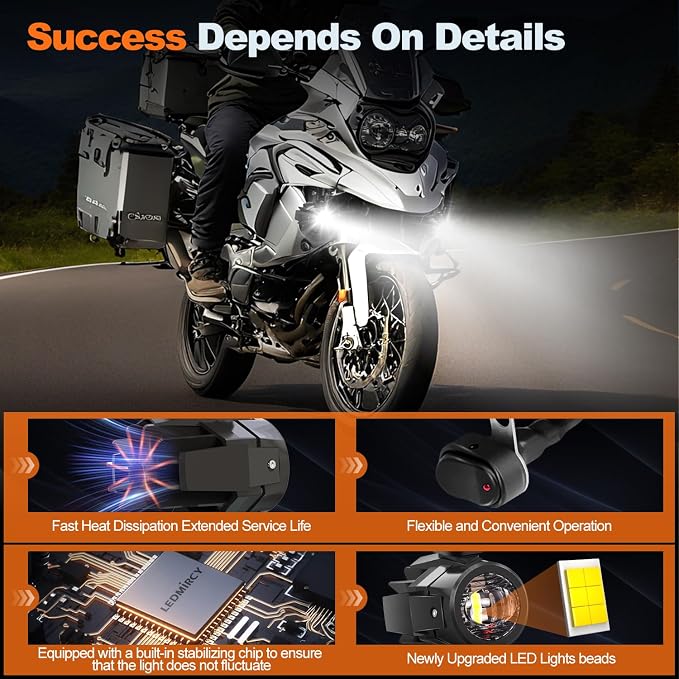 LEDMIRCY Motorcycle Auxiliary Lights, Exploradoras LED para Moto with Switch Wiring Harness Kit Motorcycle Fog Lights IP68 Waterproof Driving Spot Light with Mount Brackets for ATV UTV Snowmobile