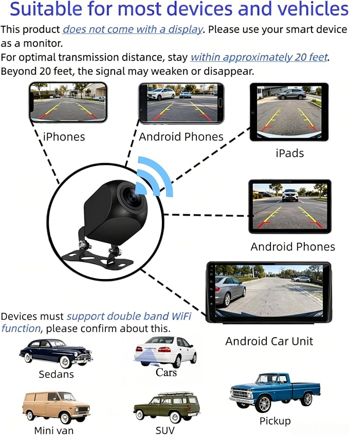 Wireless Backup Camera 1080P, 2.4GHz WiFi No Monitor Needed, License Plate Reverse Camera, 170° Wide Angle Night Vision IP68 Waterproof, Front Rear View for iPhone Android, Car SUV Van Pickup