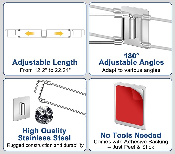Adevar RV Refrigerator Bars, 4 Pack RV Refrigerator Tension Rods 12.2-22.24 Inch Adjustable Stainless Steel Fridge Accessories Prevent Spills for Camper Travel Kitchen Medicine Cabinets Bookshelf