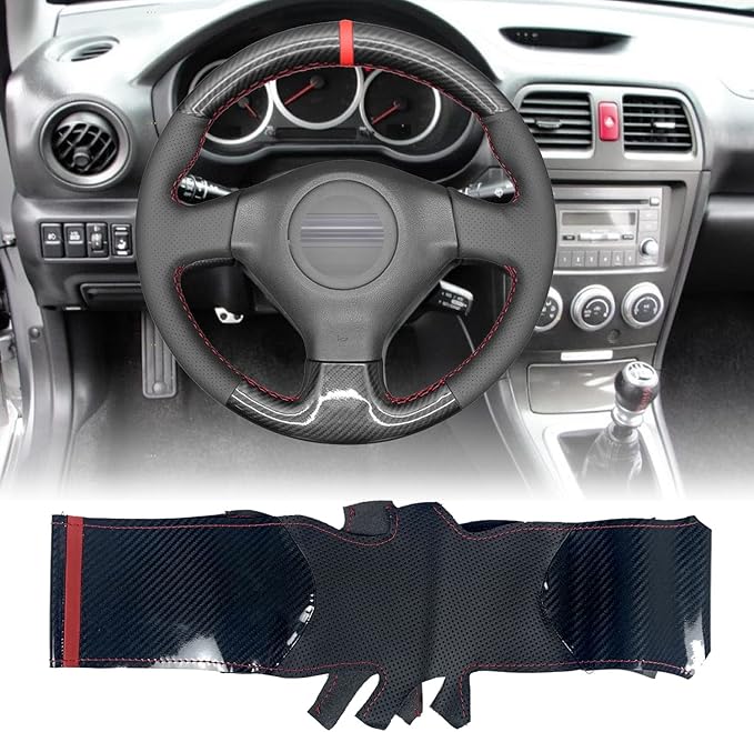 Hand-Sewing Steering Wheel Wrap Cover Black Gloss Carbon Fiber Leather Wrap Interior Protection Accessories for Subaru Forester/Impreza/Legacy/Outback/Impreza WRX(STI) 2005 2006 2007 2008