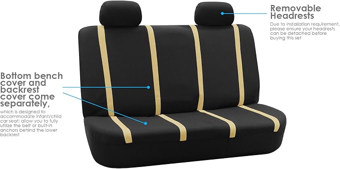 FH Group Automotive Seat Covers Unique Flat Cloth Beige Full Set, Combo Steering Wheel Cover and Seat Belt Pads Rear Solid Bench Universal Fit for Vans Cars Trucks and SUV Interior Accessories