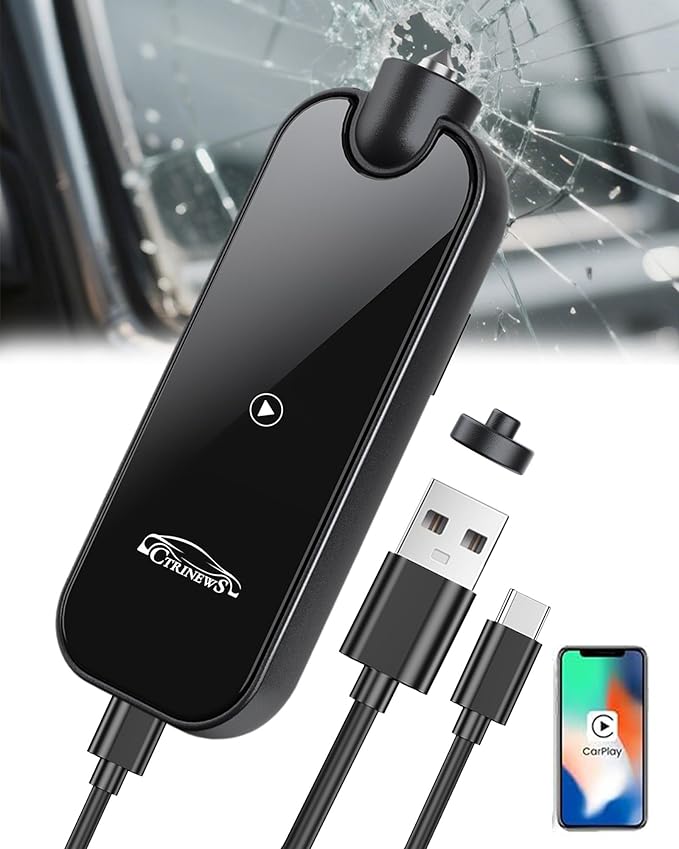 Wireless Carplay Adapter for Apple iPhone iOS 10+ & Cars from 2016+, Upgraded Model adds Emergency Escape Window Breaker Function, Auto-Connect Stable Control & No Latency (M9)