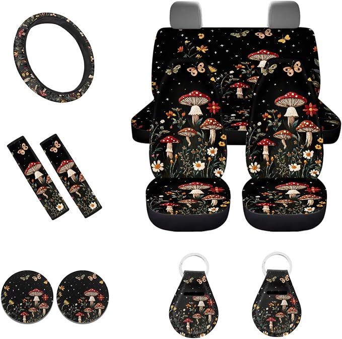 POLERO Cottagecore Moth Mushroom Seat Covers Set for Cars Floral Steering Wheel Cover Set 11Pcs Dark Botanical Seat Belt Pads Cute Car Interior Coasters Keychains