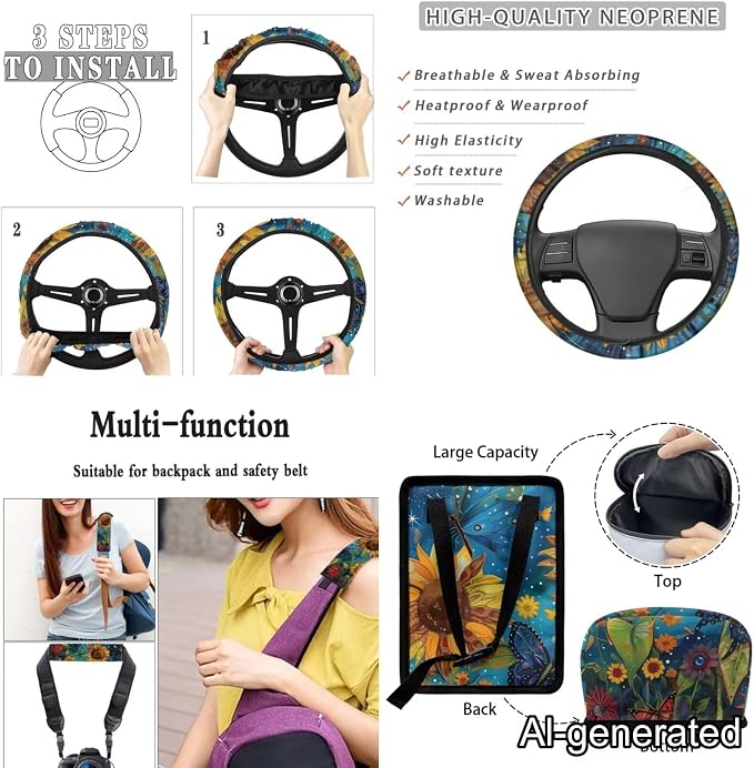 Dreaweet Starry Sky Sunflower Car Seat Covers Full Set for Women Universal Car Accessories - Steering Wheel Cover Seatbelt Covers Car Coasters Trash Bag Vent Storage Bag Rearview Mirror Cover Keychain