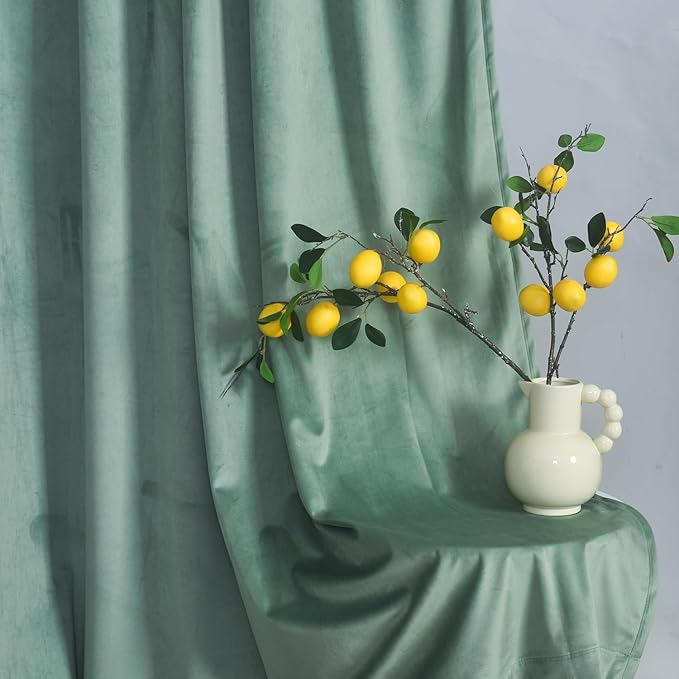 Roslynwood Luxury Soft Sage Green Velvet Curtains 90 inches Long Back Tab Thermal Insulated Blackout Window Drapes for Living Room/Bedroom/Dining Room, W52 x L90, 2 Pcs