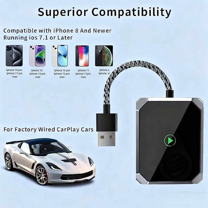 Wireless CarPlay Adapter, 2 in 1 for Apple Carplay and Android Auto Adapter USB-C/USB-A Plug & Play for iOS 7.1+ & Android, Seamless Stable Auto-Reconnect, No delay(Black)