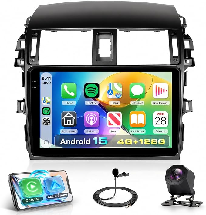 4Core 4G+128G Android 15 Car Radio for Toyota Corolla 2009-2013, Rimoody Car Stereo Wireless Carplay Andorid auto Mirror Link 9'' HD Touchscreen GPS WiFi Bluetooth 5.0 FM/RDS EQ-32 SWC Backup Camera