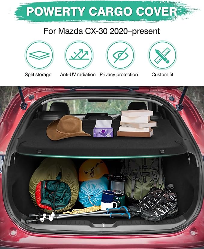 Powerty Cargo Cover for 2020-2025 2026 Mazda CX-30 CX30 Trunk Cover Trunk Shielding Shade for CX30 Accessories Luggage Cover No Gap(Can Withstand The Load)
