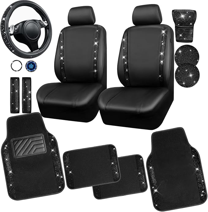 CAR PASS Diamond Bling Leather Seat Covers Set Car Floor Mats Glitter Rhinestone Steering Wheel and Car Interior Accessory Set for Women Black