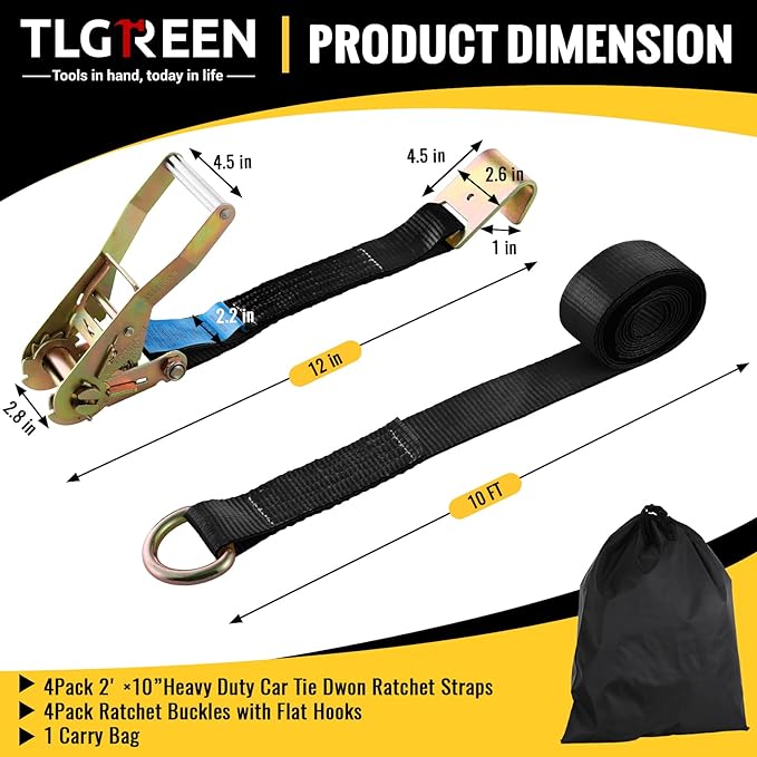 TLGREEN 4 Pack Car Tie Down Straps for Trailers - 2" x 10' -10,000LBS Break Strength Heavy Duty Ratchet Straps with Flat Hooks, for Hauling Truck, SUV, UTV, Motorcycle (Includes Storage Bag) Black