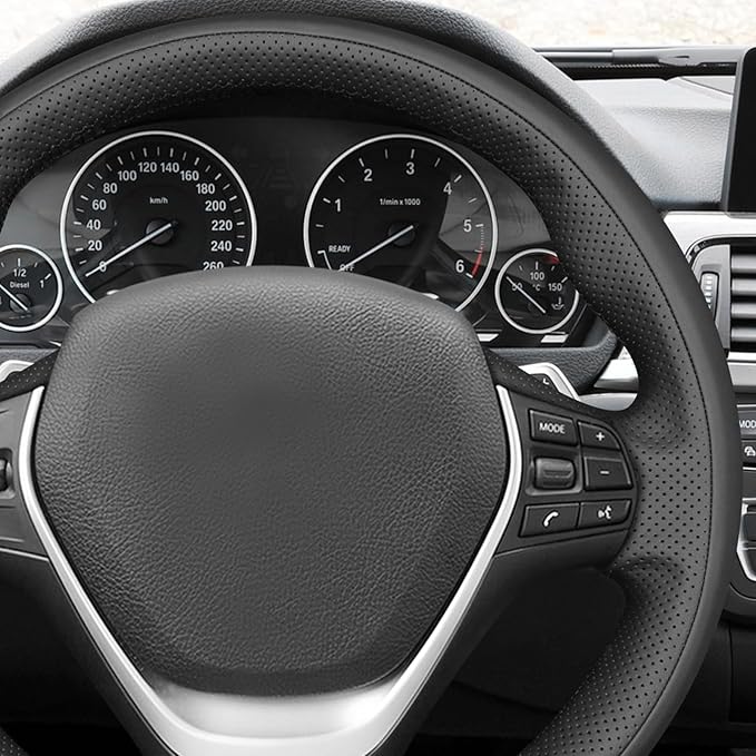 MEWANT Hand Stitch Black Smooth Perforated Faux Leather Steering Wheel Cover for BMW 2Series F22 F23 F30 F34 F32 F33 F36