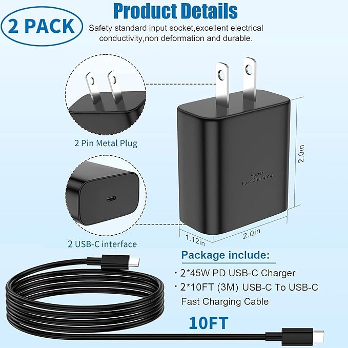 Z Flip Super Fast Charger Type C,45W USB C Wall Charger Fast Charging for Samsung Galaxy S26 Ultra/S24/S23/S25，Galaxy Z Flip7 /Flip 6/Flip5 Z Fold 7/6 & 10FT Long Type C Charging Cable 2Pack