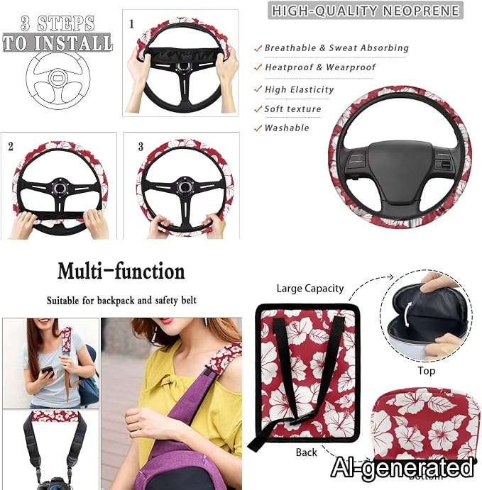 Dreaweet Car Seat Covers Full Set for Women Red Hibiscus Flowers Car Accessories Seat Cover with Steering Wheel Cover Seat Belt Pad Coasters Garbage Bag Air Vent Pouch Rear View Mirror Cover Keychain