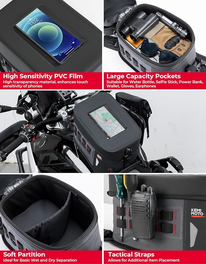 KEMIMOTO Motorcycle Tank Bag, PVC Waterproof Adventure Storage Tank Bag with Straps, High Sensitivity Touch Screen, Black 8L