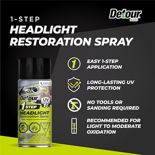 Detour 1-Step Headlight Restoration Spray - 2-in-1 Cleaner & Restorer for Plastic Car Headlights, Quick & Easy, Long-Lasting UV Protection, No Sanding or Tools Required, 3 oz