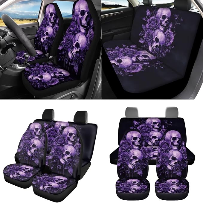 Purple Rose Skull Car Seat Covers Set for Women Universal Full Set with Steering Wheel Cover Armrest Pad Seatbelt Covers for Auto SUV Interior Decoration