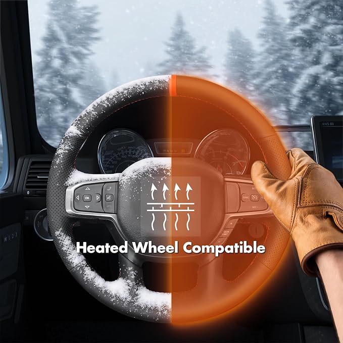 MEWANT Hand-Stitched Steering Wheel Cover Wrap for Dodge Ram 1500 2019-2023 Steering Wheel Accessories for Dodge Ram(Backsides Without Buttons)