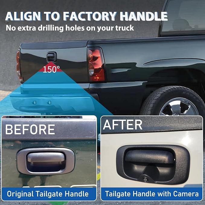EWAY Tailgate Handle Backup Camera with Rear View Mirror Monitor Kit w/ 20FT RCA Extension Cable for Chevy Silverado/GMC Sierra Fleet Side Metal Bed 1500 2500 3500 1999-2006 Reverse Parking Camera