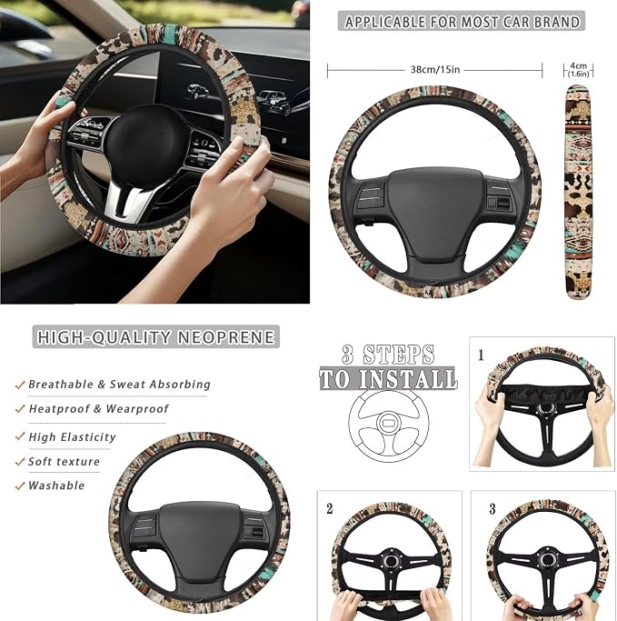 Highland Cow Car Seat Covers Set of 15 with Universal Steering Wheel Cover, Sunflower Rearview Mirror Cover, Aztec Car Trash Can, Seatbelt Pads, Cup Holder Coasters, Keychains