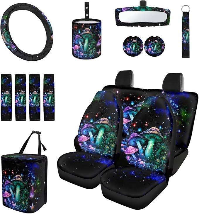 Novelty Mushroom Car Seat Covers Full Set for Women Cute Car Accessories Interior Car Steering Wheel Cover Seatbelt Covers Trash Bin Rear View Mirror Cover Cup Holders Keychain