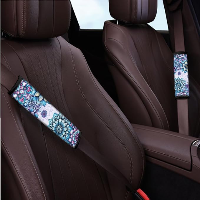 BIGCARJOB Purple Lotus Car Seat Cover Full Set 12 Pieces Hippie Lotus Steering Wheel Cover,Car Handbrake Cover,Gear Shift Cover for Womens Girls Cute Car Interior Accessories Boho Lotus Printed