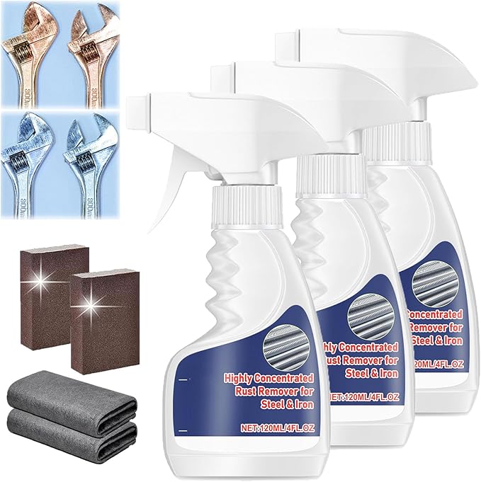 RJDJ Highly Concentrated Rust Remover for Steel & Iron, Multipurpose Rust Remover Spray for Metal, Stainless Steel Rust Remover Cleaner Various Metals Furniture (3PC)