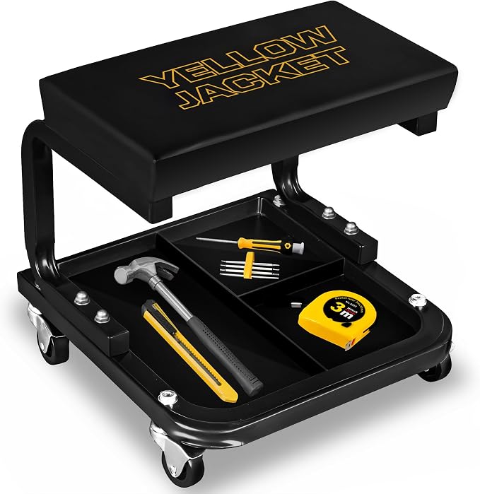 YELLOW JACKET Creeper Garage/Shop Seat, 250 LBS Capacity Rolling Padded Mechanics Stool Removal Seat with Tool Tray