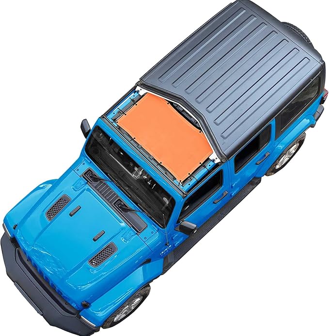 JT JL Top Sun Shade Roof Compatible with Jeep Wrangler and Gladiator 2 or 4 Door 2018 to 2023 Sunshade Sunroof Blocks UV Wind Noise Orange Mesh for Front