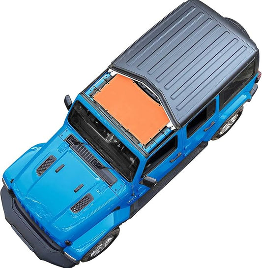 JT JL Top Sun Shade Roof Compatible with Jeep Wrangler and Gladiator 2 or 4 Door 2018 to 2023 Sunshade Sunroof Blocks UV Wind Noise Orange Mesh for Front