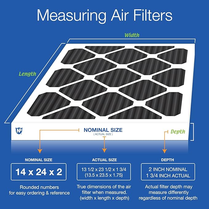 Nordic Pure 14x24x2 (Actual Size: 13 1/2 x 23 1/2 x 1 3/4) Pure Carbon Pleated Odor Reduction MERV 8 Furnace Filters 12 Pack