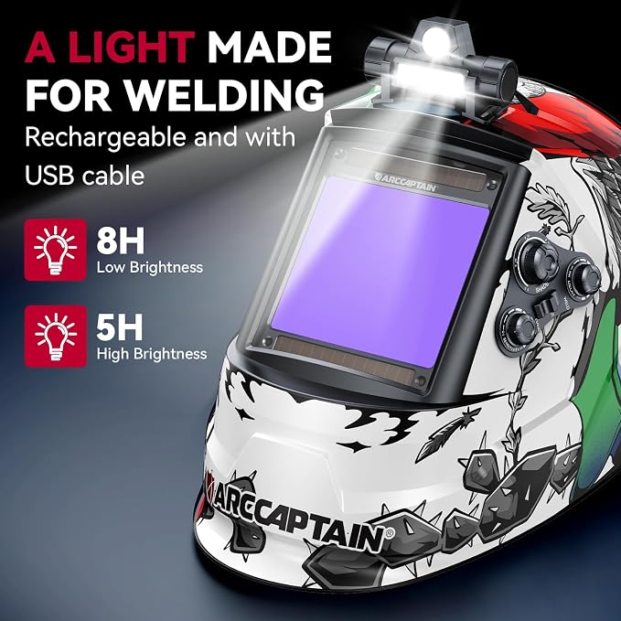 ARCCAPTAIN Large View 3.94" x 3.66" True Color Auto Darkening Welding Helmet with Light, Solar Powered Welding Hood, 4 Arc Sensor Wide Shade 4/5-9/9-13 for Stick MIG TIG Cut, MX
