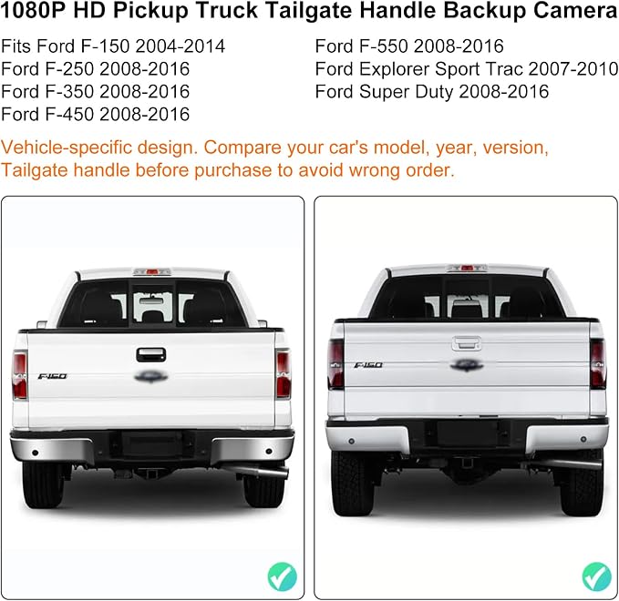 ASURE Tailgate Handle Backup Camera for Ford F150 2004-2014 - 1080P HD 170° Wide Angle Rear View Camera, IP68 Waterproof, Starlight Night Vision, Easy Install Kit for F250-F550 Super Duty 2008-2016