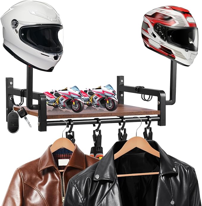 Helmet Wall Mount, Motorcycle Helmet Holder with Shelf, 2 Helmets Stand, 4 Glove Chips and 2 Hooks, Helmet Display Mount for Most of Helmet and Clothes