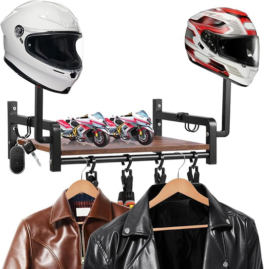 Helmet Wall Mount, Motorcycle Helmet Holder with Shelf, 2 Helmets Stand, 4 Glove Chips and 2 Hooks, Helmet Display Mount for Most of Helmet and Clothes