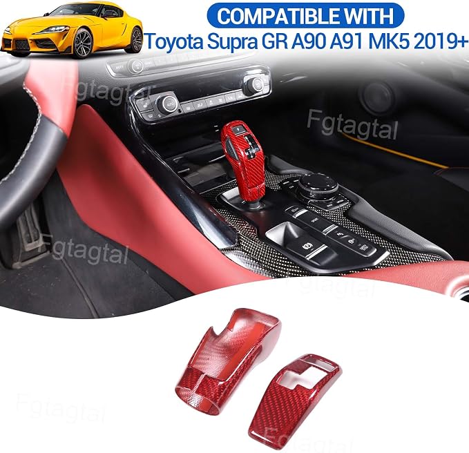 Real Carbon Fiber Gear Shift Head Cover and Front Head Cover Set Compatible with Toyota Supra GR A90 A91 MK5 2019-2026, Gear Shifter Knob Cover Protector Trim Cap 2Pcs (Red)